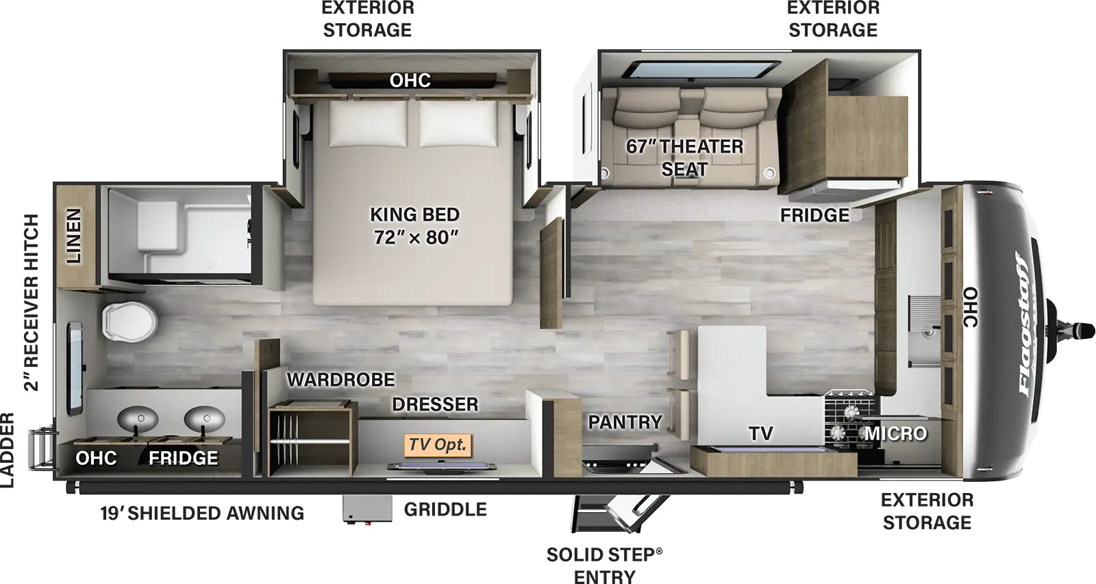 The 826MBR has two slides outs and one entry. Exterior features a 19 foot shielded awning, solid step entry, exterior storage, griddle, rear ladder, and 2 inch receiver hitch. Interior layout front to back: front kitchen with sink, countertop and overhead cabinets along front wall, door side microwave, cooktop, eat in kitchen with bar stools and TV above, and entry door; off door side slide out contains theater seating and refrigerator; off door side king bed slide out with overhead cabinet, and door side dresser and wardrobe (optional TV); rear full bathroom with linen closet and dual sinks with overhead cabinet.